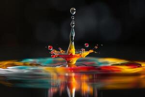 A high-speed shot of a colorful water drop collision creating vibrant splashes on a reflective surface. photo