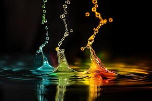 Vibrant colored droplets splashing and creating mesmerizing ripples on a dark, reflective water surface. photo