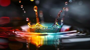 A beautiful highspeed image captures a colorful water splash on a dark backdrop, creating a dynamic and vibrant scene photo