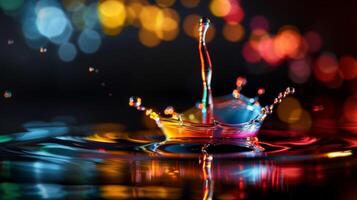 The water splash is dynamic and colorful, set against a bokeh background, capturing motion and vibrancy photo