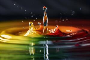 A highspeed photo captures a colorful water droplet splash, forming a vibrant and artistic liquid pattern