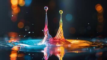 Dynamic image of colorful water splashes captured in high-speed photography with vibrant, blurred lights in background. photo