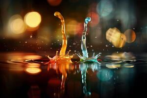 Vibrant liquid splashes with bokeh lights make a stunning backdrop for artistic designs, offering dynamic visual appeal photo