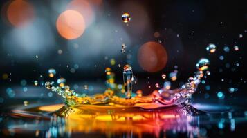 A vibrant water droplet splash against a colorful bokeh background, capturing movement and interplay of light photo