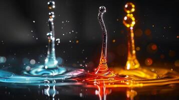 Highspeed shot capturing colorful liquid splashes with stunning detail and contrast, appearing dynamic and vibrant photo