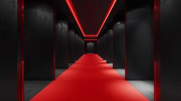 A sleek hallway with red carpet and lighting creates modern, intense atmosphere, reflecting chic, elegant design photo