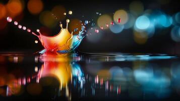 Dynamic photo of a water droplet creating a colorful splash with bokeh light effects in the background.