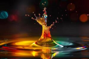 Capturing a water droplet forming a colorful splash with reflections, creating a stunning highres image photo