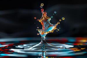 Exquisite highspeed capture of dynamic collision of water drops, creating a vibrant, multicolored liquid splash photo