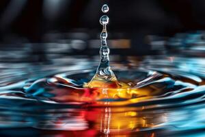 A water drop splashes with vibrant, multicolored reflections and smooth wave ripples, creating a beautiful scene photo
