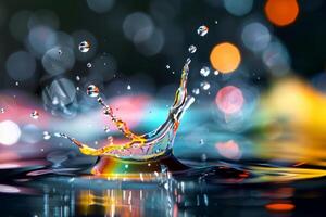Capturing the beauty of a water splash with vibrant colors and bokeh effect, creating a stunning visual. photo