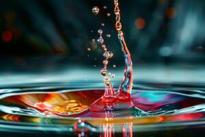 A vibrant macro photo capturing a water droplet creating a mesmerizing splash with colorful reflections