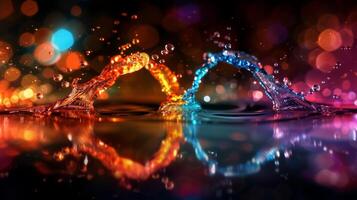 A vibrant close-up of dynamic splashing water illuminated by colorful bokeh lights in the background. photo