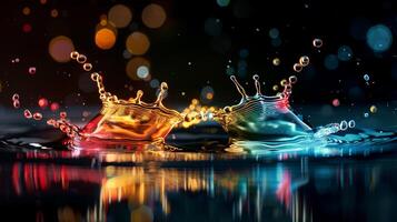 Dynamic water splashes frozen in motion collide with bokeh lights, creating artistic abstract image photo