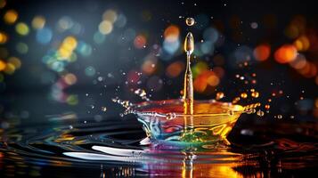 Highspeed photography captures a colorful water splash against a vibrant bokeh background, frozen in a dynamic moment photo