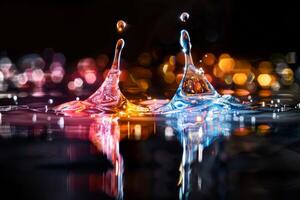 Vibrant night scene with dynamic water splashes and colorful bokeh lights creates a captivating atmosphere photo