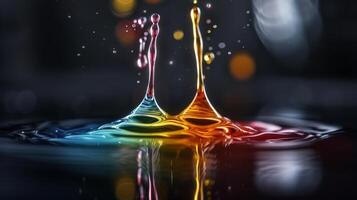 Vibrant and dynamic splash of colorful liquid droplets captured in motion against a dark background. photo