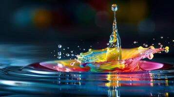 A mesmerizing water splash with vibrant colorful droplets creating an artistic and dynamic visual effect. photo