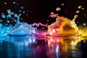 A stunning close-up of colorful water splashes captured at high speed, creating a mesmerizing visual effect. photo
