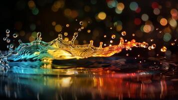 A vivid depiction of a colorful water splash with bokeh background in high definition is showcased in this artwork photo