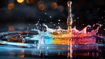 Capturing a highspeed photo of colorful water splash with bokeh lights creates a mesmerizing and beautiful scene