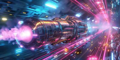 A highspeed spaceship with light trails symbolizes adventure, cosmic exploration, and futuristic technology in space photo