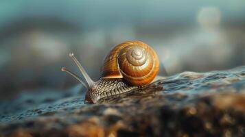 A detailed close-up of a snail with a beautiful spiral shell on a wet surface with a blurred background. photo