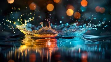 In the captivating image, a water splash is depicted in closeup, accompanied by radiant bokeh lights in the background photo