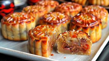 Vietnamese mooncakes are a traditional delicacy with rich fillings of nuts and fruits, enjoyed during the MidAutumn Festival for their authentic taste and beautiful craftsmanship photo