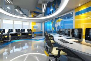 High-tech office setup with advanced computer workstations, vibrant decor, and a world map background. photo