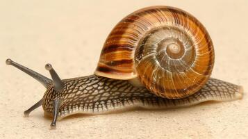 A detailed macro shot captures a garden snail with shell and tentacles on sandy surface, showcasing its unique features photo