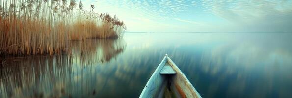 Peaceful dawn view from a boat, reflecting calm water and reeds, perfect for nature and relaxation themes. photo