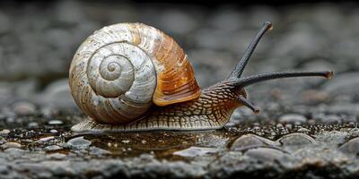 A detailed image of a snail with a spiral shell moving on a wet, rocky surface, displaying its unique texture photo