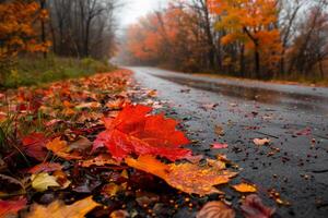 The road in wet autumn is covered with colorful fallen leaves among trees, creating a stunning showcase of fall colors photo