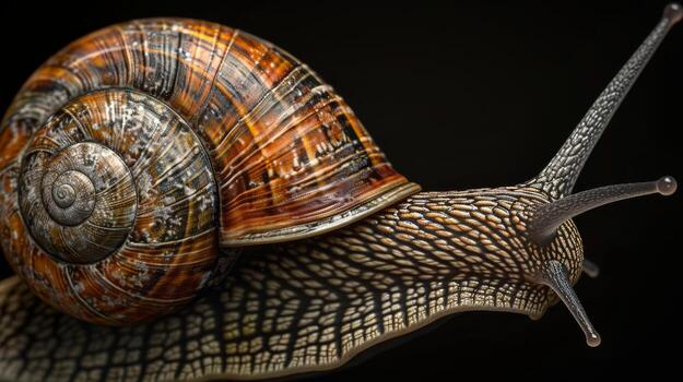 Macro photograph of a snail with a richly textured shell and distinct features against a dark backdrop. photo