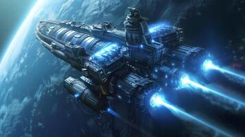 An advanced spaceship with glowing thrusters traverses space, nearing a remote planet on an interstellar journey photo
