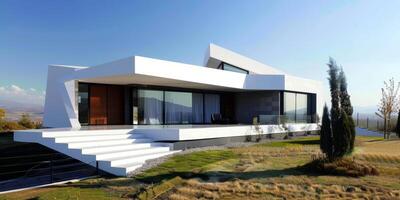 Sleek, modern house with minimalist design, open spaces, large windows, showcasing chic architecture photo
