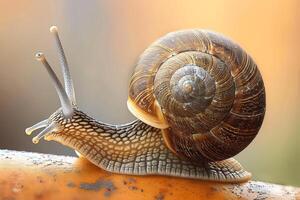 A photo of a snail crawling on a branch in a garden, showcasing the creature in a botanical setting
