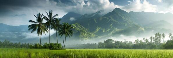 Beautiful view of tropical landscape with green fields, palm trees, and distant mountains under cloudy skies. photo