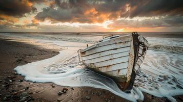 A vintage boat stranded on a serene beach during dawn, with striking clouds and frothy waves under the sunlight photo