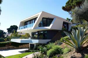 A stunning modern cantilever house with expansive windows, set amidst lush greenery, showcasing contemporary design. photo