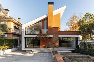 This stylish modern house features a distinctive angular roof and large windows, set in a sunny suburban environment photo