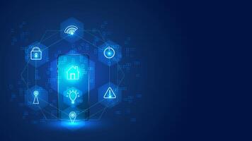 Smart home concepts. Automation technology with icon house monitoring system. Blue lights background vector