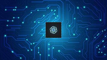 Chat gpt or open ai. Microchip transferring data using circuit board artificial intelligence background blue editable vector