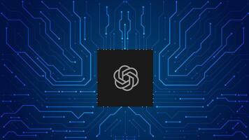Chat gpt or open ai. Microchip transferring data using circuit board artificial intelligence background blue editable vector