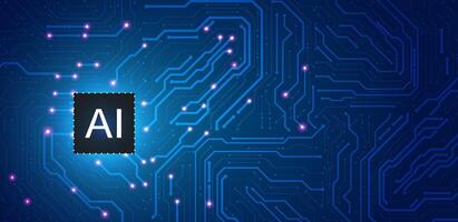 Artificial intelligence blue background technology. Logo machine learning concept with circuit board AI. editable vector