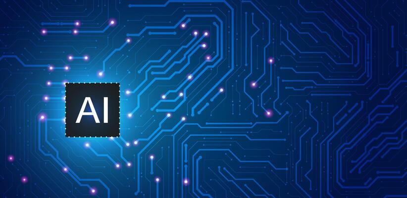 Artificial intelligence blue background technology. Logo machine learning concept with circuit board AI. editable
