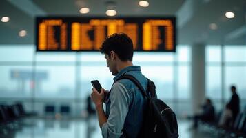 Person Standing in an Airport Terminal, Looking at Their Smartphone With a Flight Information Display Board in the Background photo