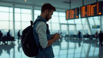 Person Standing in an Airport Terminal, Looking at Their Smartphone With a Flight Information Display Board in the Background photo