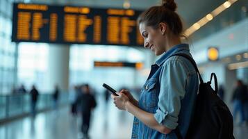 Person Standing in an Airport Terminal, Looking at Their Smartphone With a Flight Information Display Board in the Background photo
